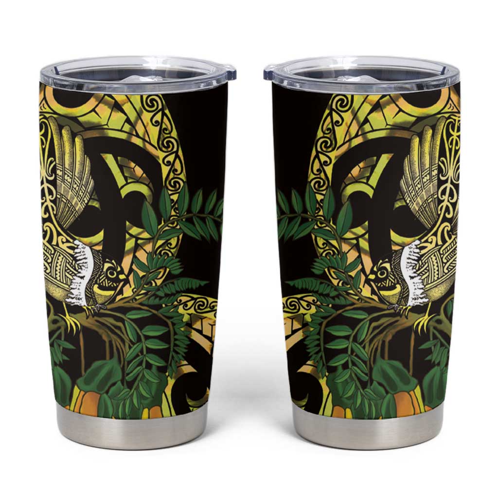 Yellow New Zealand Kowhai And Piwakawaka Tumbler Cup Maori Ngaru Paua Shell LT14 Yellow - Polynesian Pride