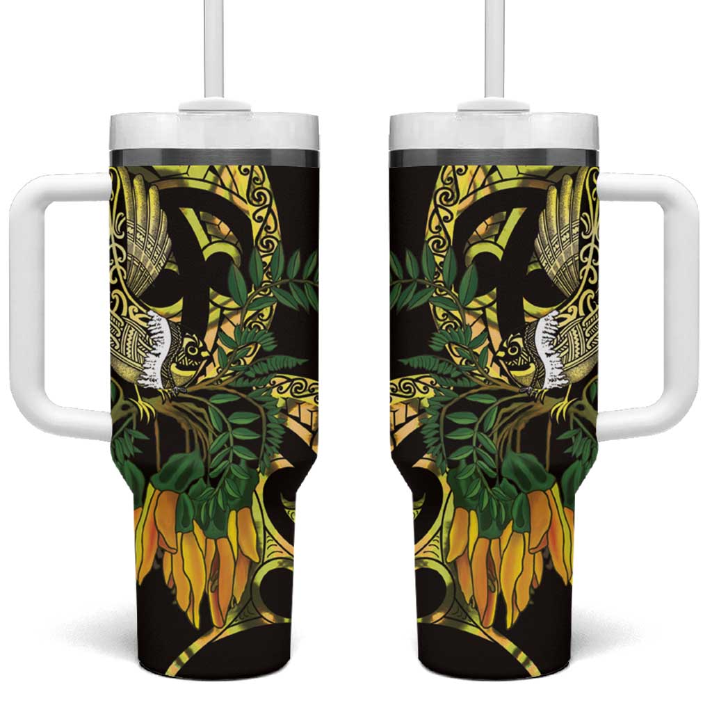 Yellow New Zealand Kowhai And Piwakawaka Tumbler With Handle Maori Ngaru Paua Shell LT14 One Size: 40 oz Yellow - Polynesian Pride