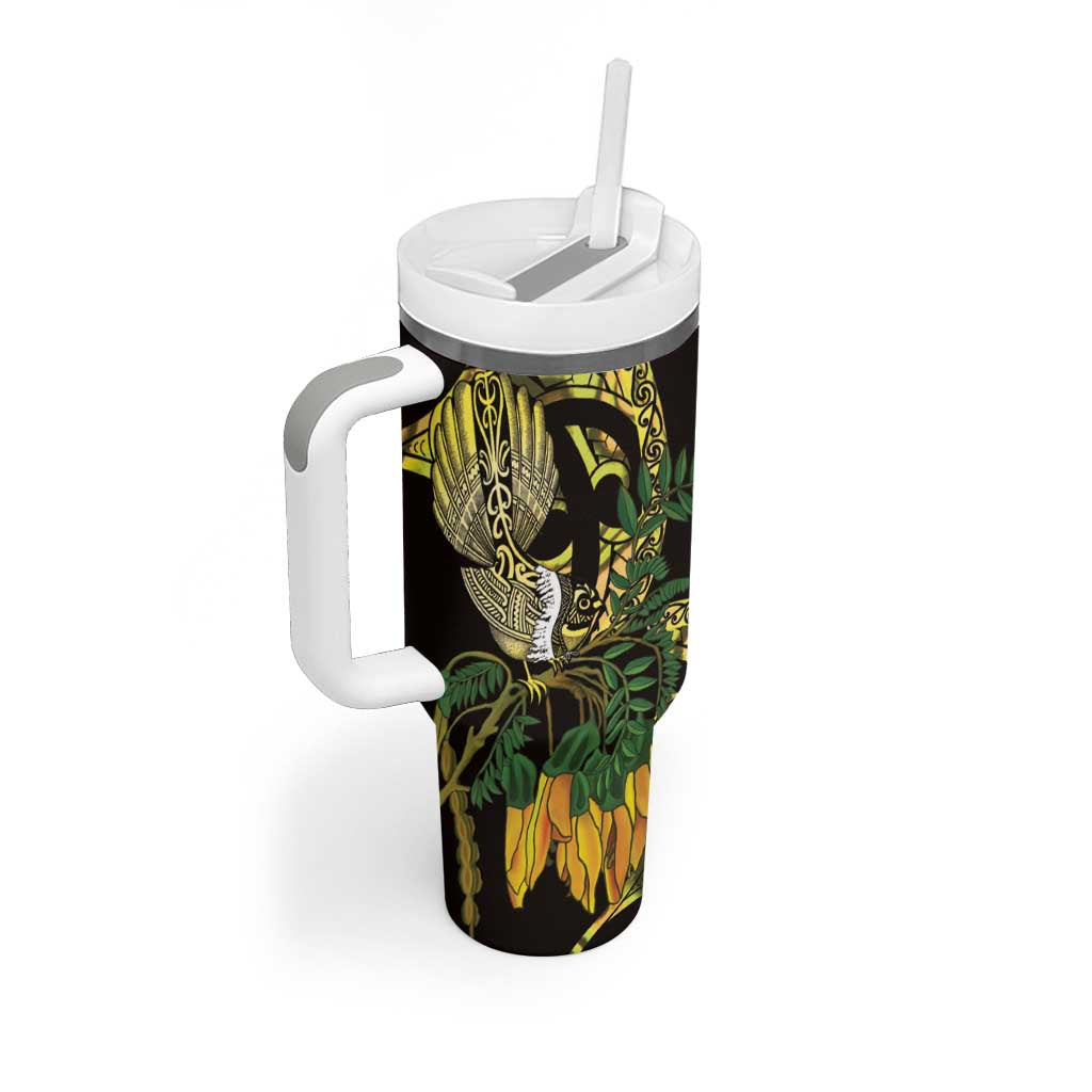 Yellow New Zealand Kowhai And Piwakawaka Tumbler With Handle Maori Ngaru Paua Shell LT14 - Polynesian Pride