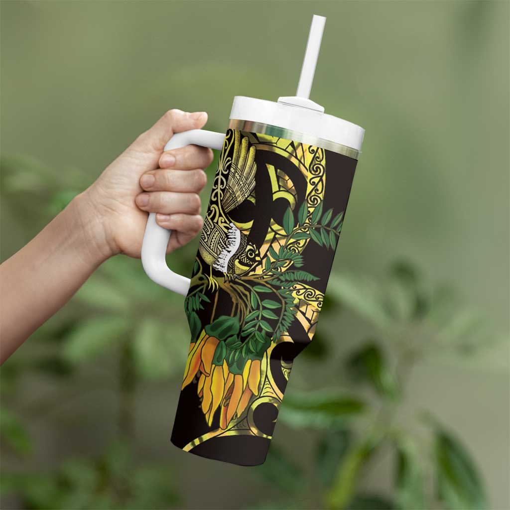 Yellow New Zealand Kowhai And Piwakawaka Tumbler With Handle Maori Ngaru Paua Shell LT14 - Polynesian Pride
