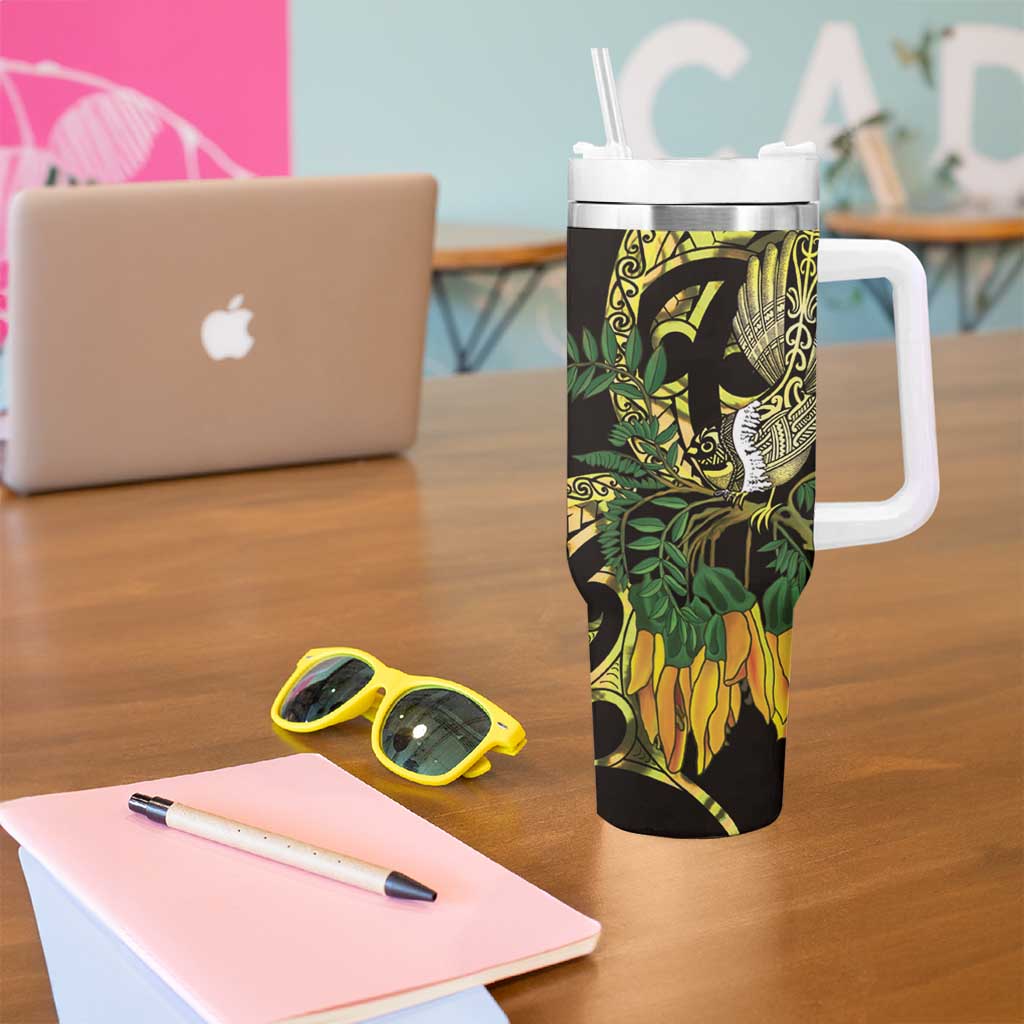 Yellow New Zealand Kowhai And Piwakawaka Tumbler With Handle Maori Ngaru Paua Shell LT14 - Polynesian Pride