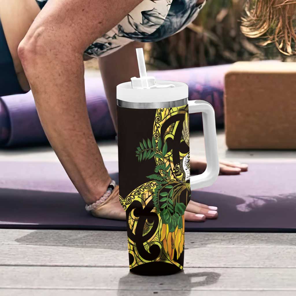 Yellow New Zealand Kowhai And Piwakawaka Tumbler With Handle Maori Ngaru Paua Shell LT14 - Polynesian Pride