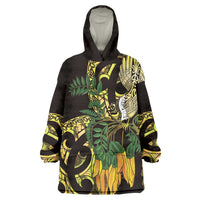 Yellow New Zealand Kowhai And Piwakawaka Wearable Blanket Hoodie Maori Ngaru Paua Shell LT14 One Size Yellow - Polynesian Pride