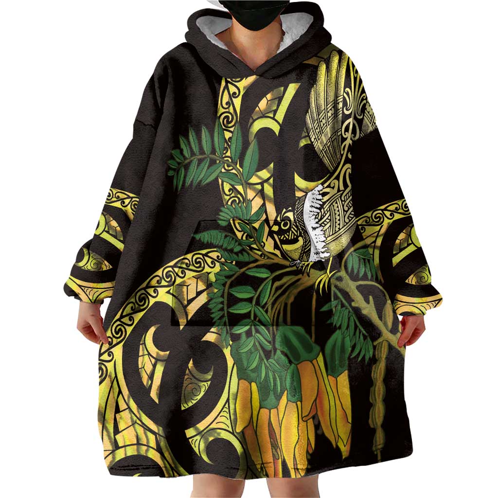 Yellow New Zealand Kowhai And Piwakawaka Wearable Blanket Hoodie Maori Ngaru Paua Shell LT14 - Polynesian Pride