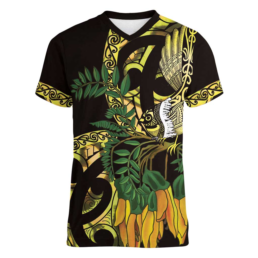 Yellow New Zealand Kowhai And Piwakawaka Women V-Neck T-Shirt Maori Ngaru Paua Shell