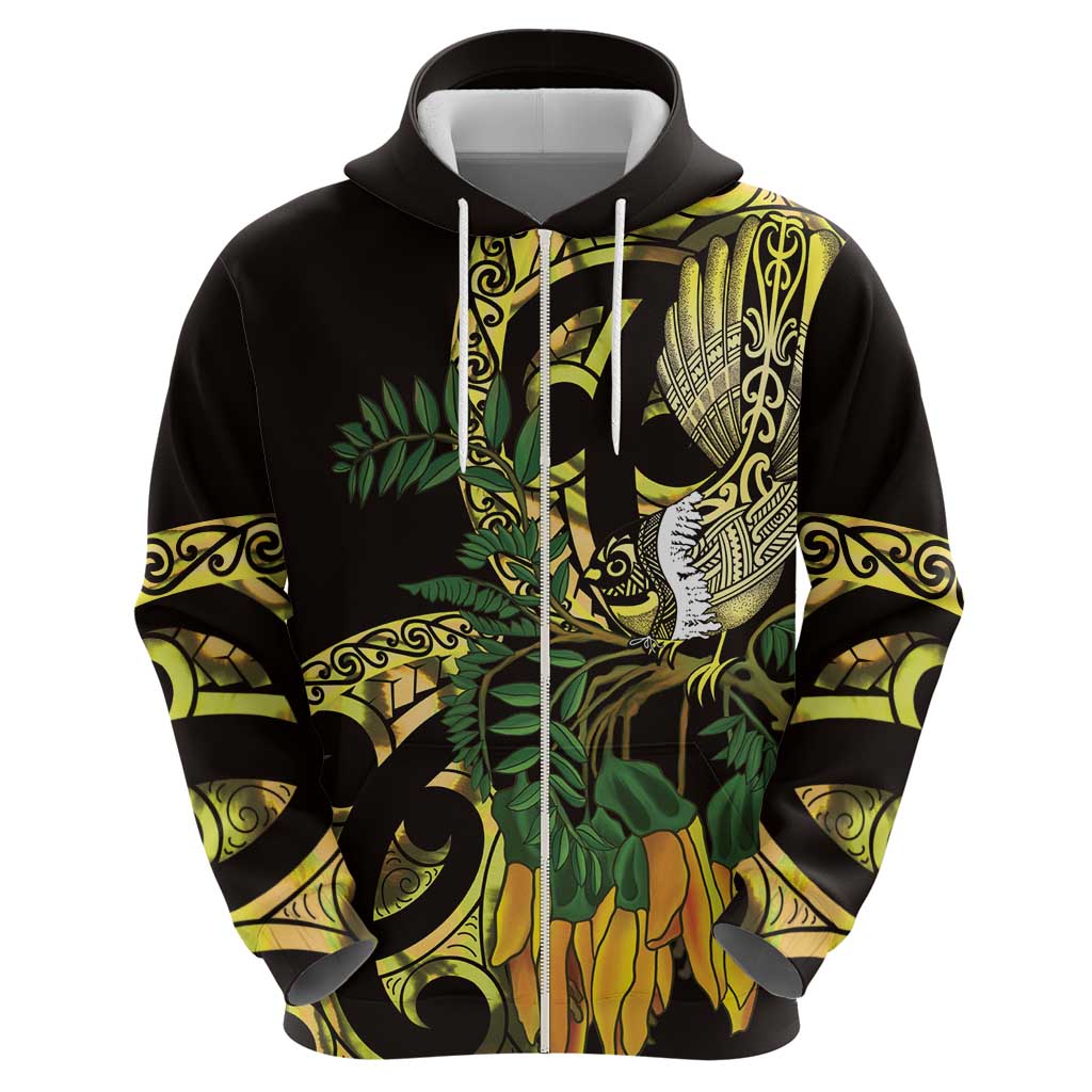Yellow New Zealand Kowhai And Piwakawaka Zip Hoodie Maori Ngaru Paua Shell LT14 - Polynesian Pride