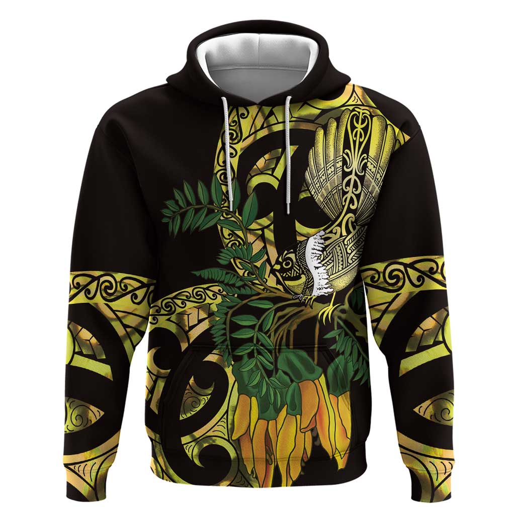 Yellow New Zealand Kowhai And Piwakawaka Zip Hoodie Maori Ngaru Paua Shell LT14 Pullover Hoodie Yellow - Polynesian Pride