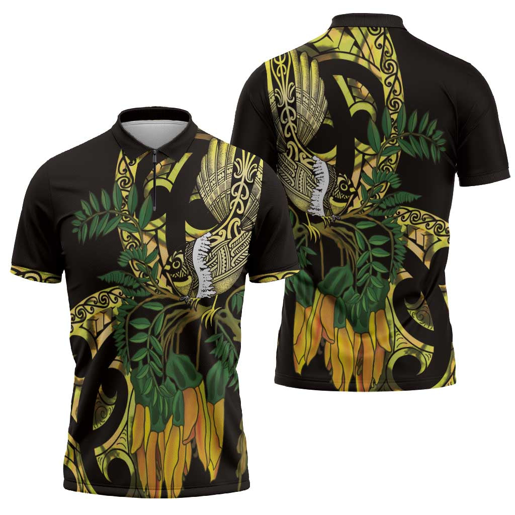 Yellow New Zealand Kowhai And Piwakawaka Zipper Polo Shirt Maori Ngaru Paua Shell LT14 - Polynesian Pride
