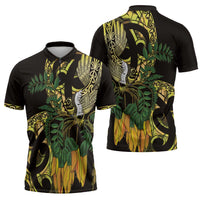 Yellow New Zealand Kowhai And Piwakawaka Zipper Polo Shirt Maori Ngaru Paua Shell LT14 - Polynesian Pride