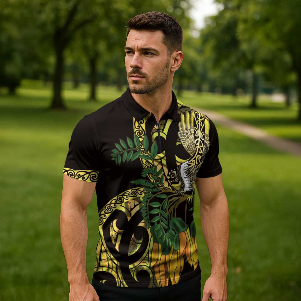 Yellow New Zealand Kowhai And Piwakawaka Zipper Polo Shirt Maori Ngaru Paua Shell LT14 - Polynesian Pride