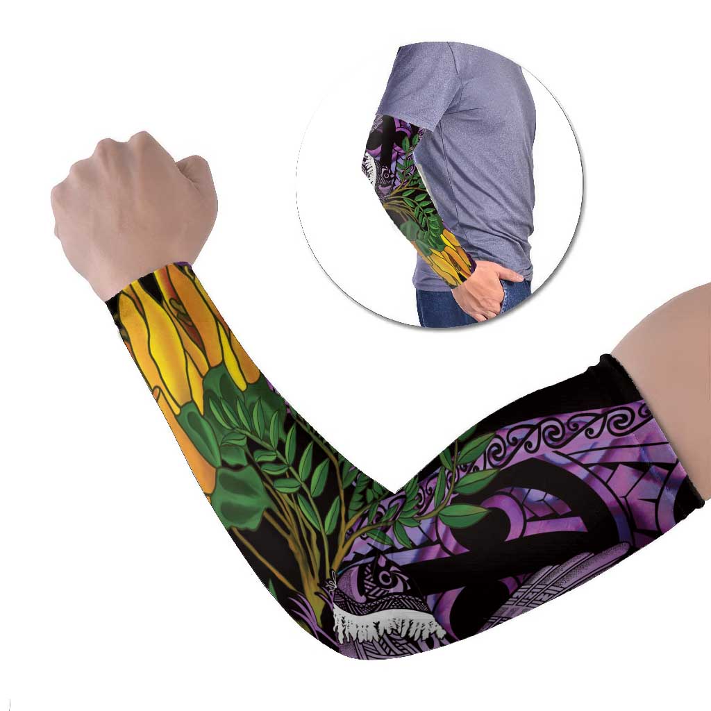 Purple New Zealand Kowhai And Piwakawaka Arm Sleeves Maori Ngaru Paua Shell - Polynesian Pride