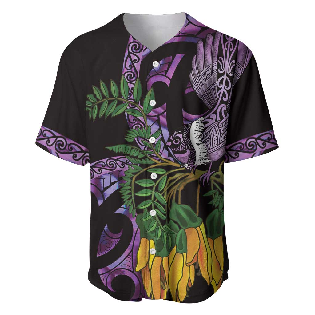 Purple New Zealand Kowhai And Piwakawaka Baseball Jersey Maori Ngaru Paua Shell LT14 Purple - Polynesian Pride