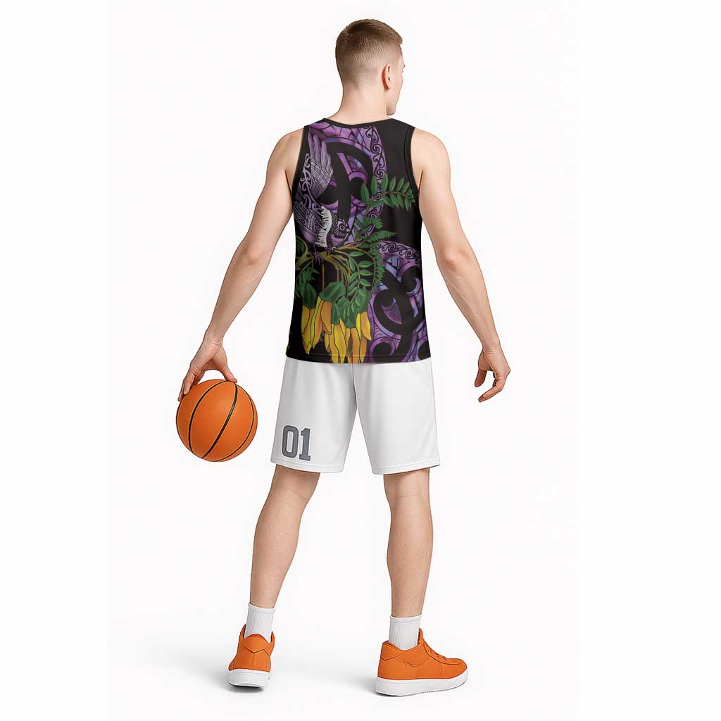 Purple New Zealand Kowhai And Piwakawaka Basketball Jersey Maori Ngaru Paua Shell LT14 - Polynesian Pride