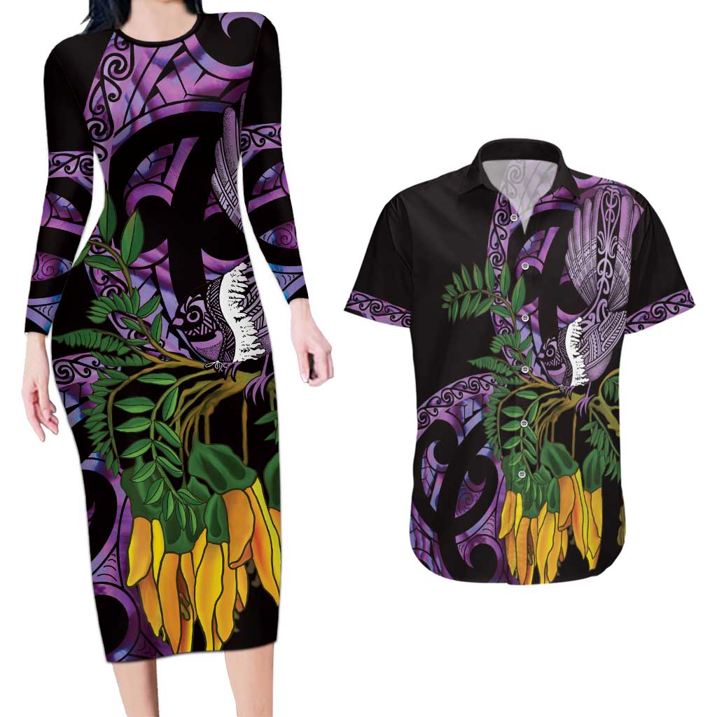Purple New Zealand Kowhai And Piwakawaka Couples Matching Long Sleeve Bodycon Dress and Hawaiian Shirt Maori Ngaru Paua Shell LT14 Purple - Polynesian Pride