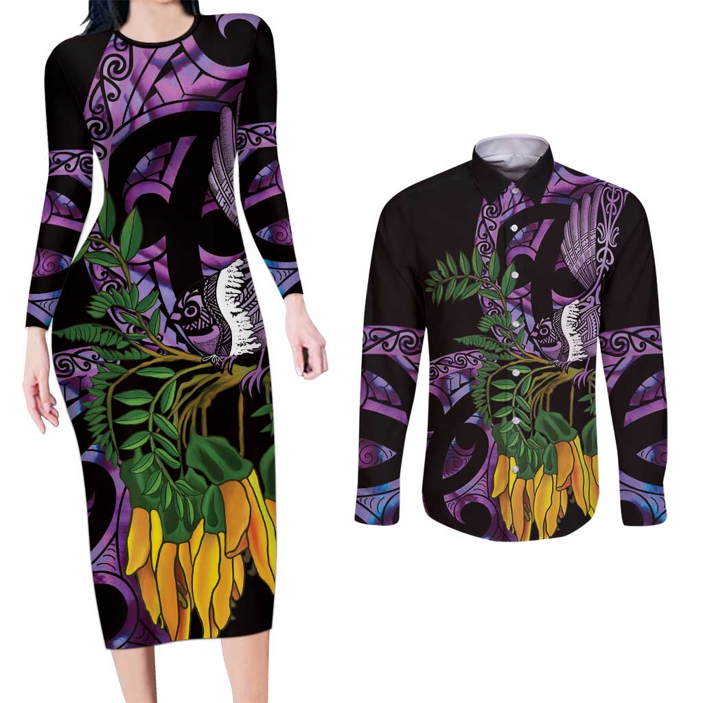 Purple New Zealand Kowhai And Piwakawaka Couples Matching Long Sleeve Bodycon Dress and Long Sleeve Button Shirt Maori Ngaru Paua Shell LT14 Purple - Polynesian Pride