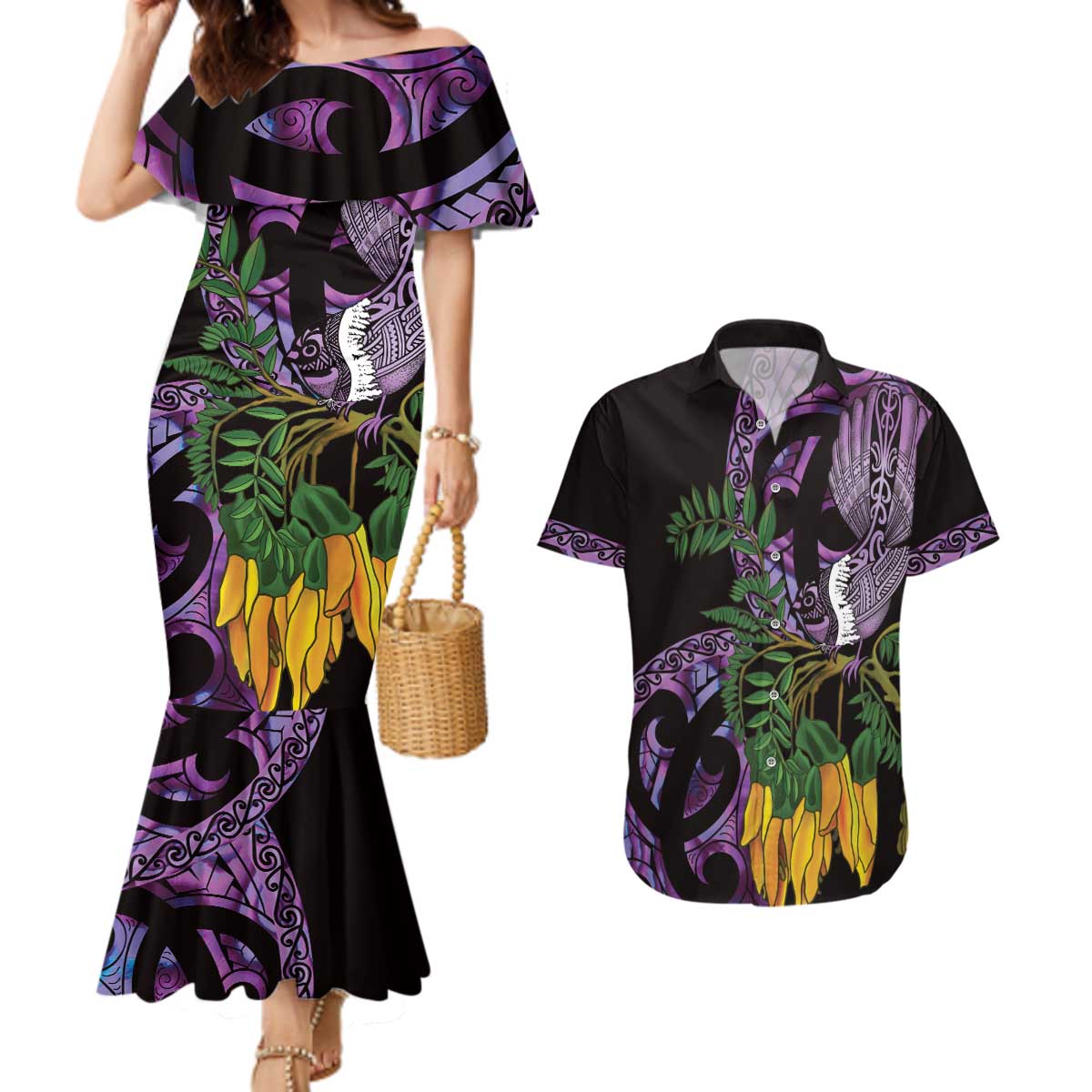 Purple New Zealand Kowhai And Piwakawaka Couples Matching Mermaid Dress and Hawaiian Shirt Maori Ngaru Paua Shell LT14 Purple - Polynesian Pride