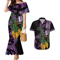 Purple New Zealand Kowhai And Piwakawaka Couples Matching Mermaid Dress and Hawaiian Shirt Maori Ngaru Paua Shell LT14 Purple - Polynesian Pride