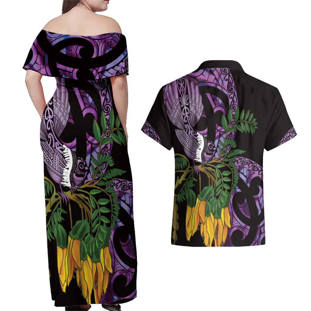 Purple New Zealand Kowhai And Piwakawaka Couples Matching Off Shoulder Maxi Dress and Hawaiian Shirt Maori Ngaru Paua Shell LT14 - Polynesian Pride