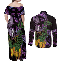 Purple New Zealand Kowhai And Piwakawaka Couples Matching Off Shoulder Maxi Dress and Long Sleeve Button Shirt Maori Ngaru Paua Shell LT14 - Polynesian Pride