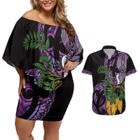 Purple New Zealand Kowhai And Piwakawaka Couples Matching Off Shoulder Short Dress and Hawaiian Shirt Maori Ngaru Paua Shell LT14 Purple - Polynesian Pride