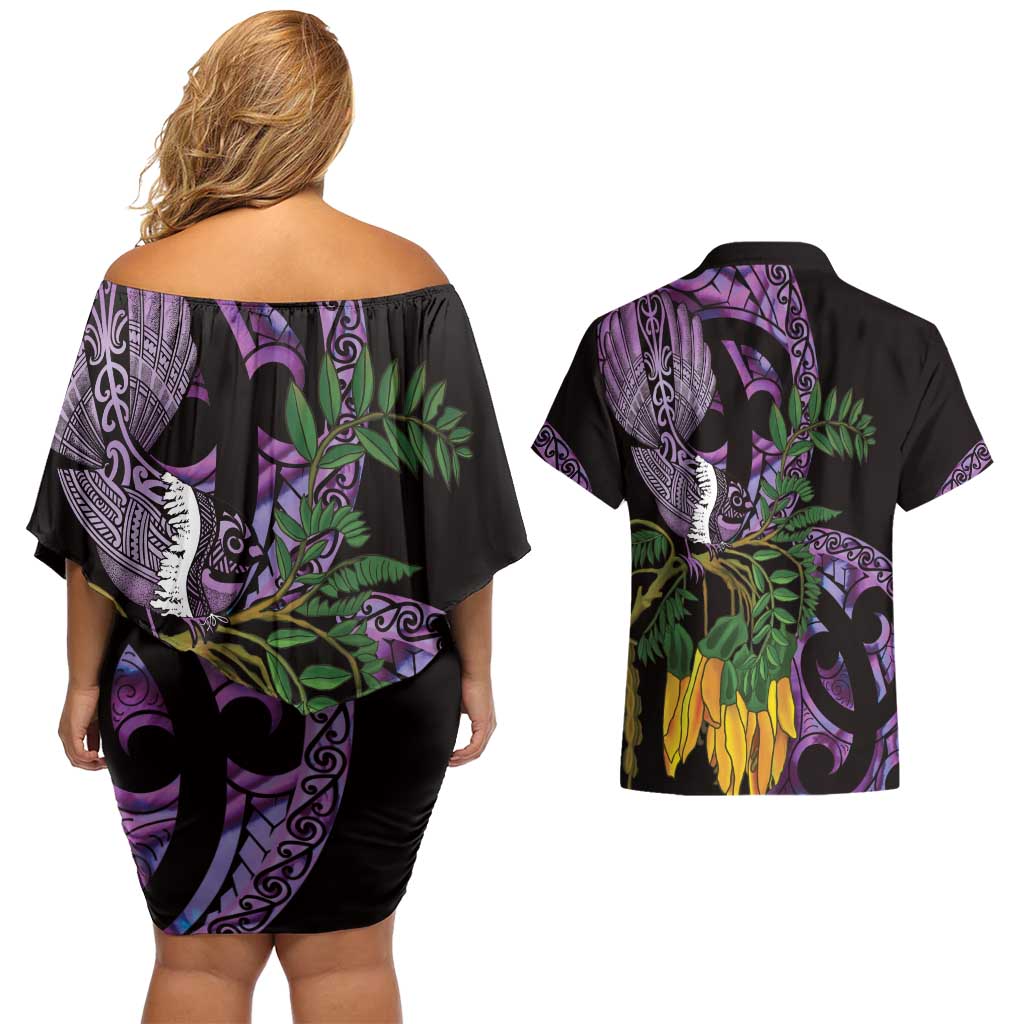 Purple New Zealand Kowhai And Piwakawaka Couples Matching Off Shoulder Short Dress and Hawaiian Shirt Maori Ngaru Paua Shell LT14 - Polynesian Pride