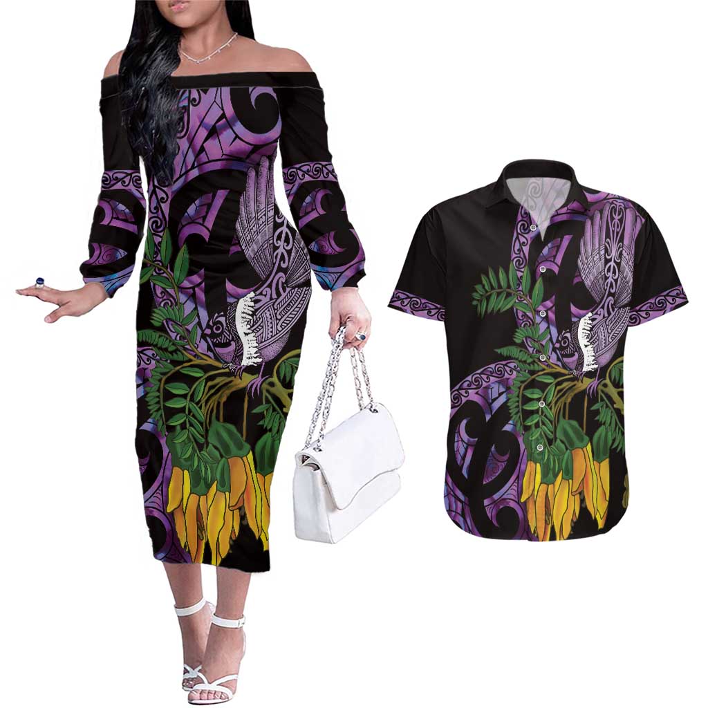 Purple New Zealand Kowhai And Piwakawaka Couples Matching Off The Shoulder Long Sleeve Dress and Hawaiian Shirt Maori Ngaru Paua Shell LT14 Purple - Polynesian Pride