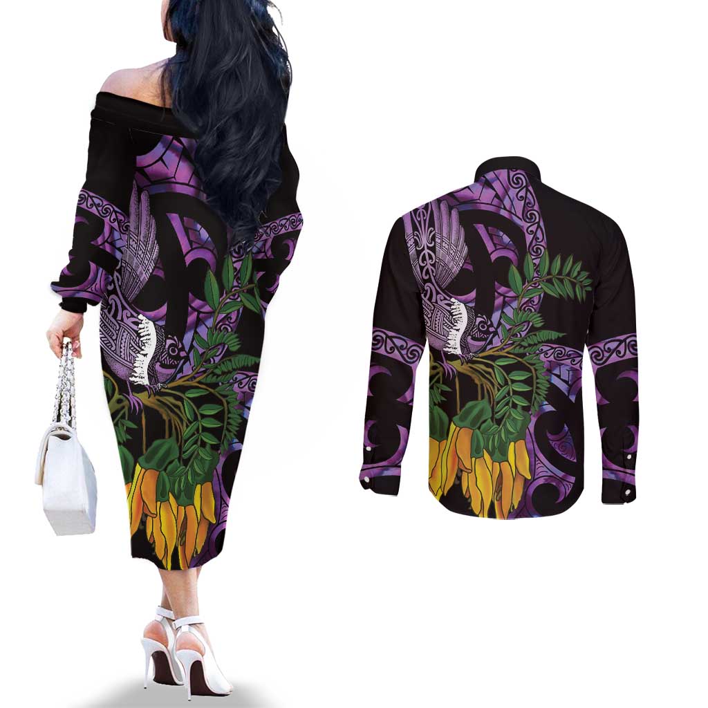 Purple New Zealand Kowhai And Piwakawaka Couples Matching Off The Shoulder Long Sleeve Dress and Long Sleeve Button Shirt Maori Ngaru Paua Shell LT14 - Polynesian Pride