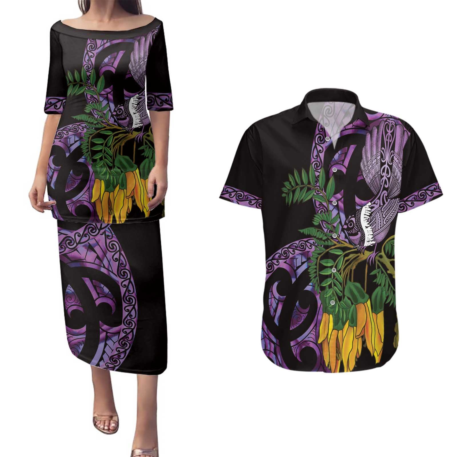 Purple New Zealand Kowhai And Piwakawaka Couples Matching Puletasi and Hawaiian Shirt Maori Ngaru Paua Shell