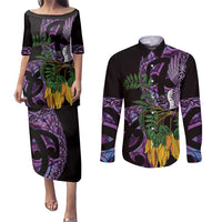 Purple New Zealand Kowhai And Piwakawaka Couples Matching Puletasi and Long Sleeve Button Shirt Maori Ngaru Paua Shell LT14 Purple - Polynesian Pride