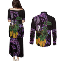 Purple New Zealand Kowhai And Piwakawaka Couples Matching Puletasi and Long Sleeve Button Shirt Maori Ngaru Paua Shell LT14 - Polynesian Pride