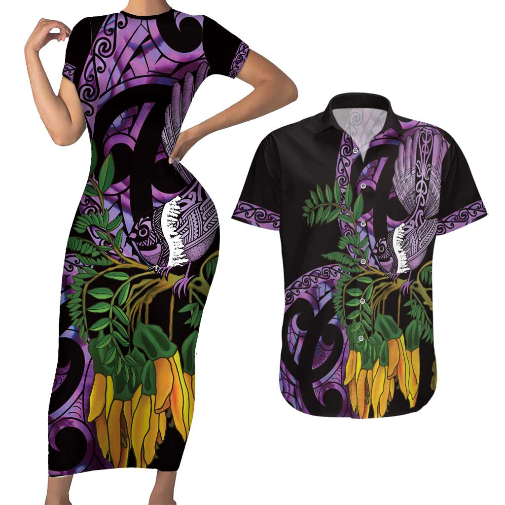 Purple New Zealand Kowhai And Piwakawaka Couples Matching Short Sleeve Bodycon Dress and Hawaiian Shirt Maori Ngaru Paua Shell LT14 Purple - Polynesian Pride