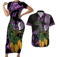 Purple New Zealand Kowhai And Piwakawaka Couples Matching Short Sleeve Bodycon Dress and Hawaiian Shirt Maori Ngaru Paua Shell LT14 Purple - Polynesian Pride