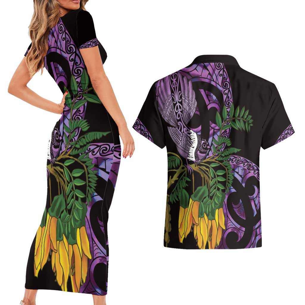 Purple New Zealand Kowhai And Piwakawaka Couples Matching Short Sleeve Bodycon Dress and Hawaiian Shirt Maori Ngaru Paua Shell LT14 - Polynesian Pride