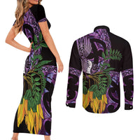 Purple New Zealand Kowhai And Piwakawaka Couples Matching Short Sleeve Bodycon Dress and Long Sleeve Button Shirt Maori Ngaru Paua Shell LT14 - Polynesian Pride