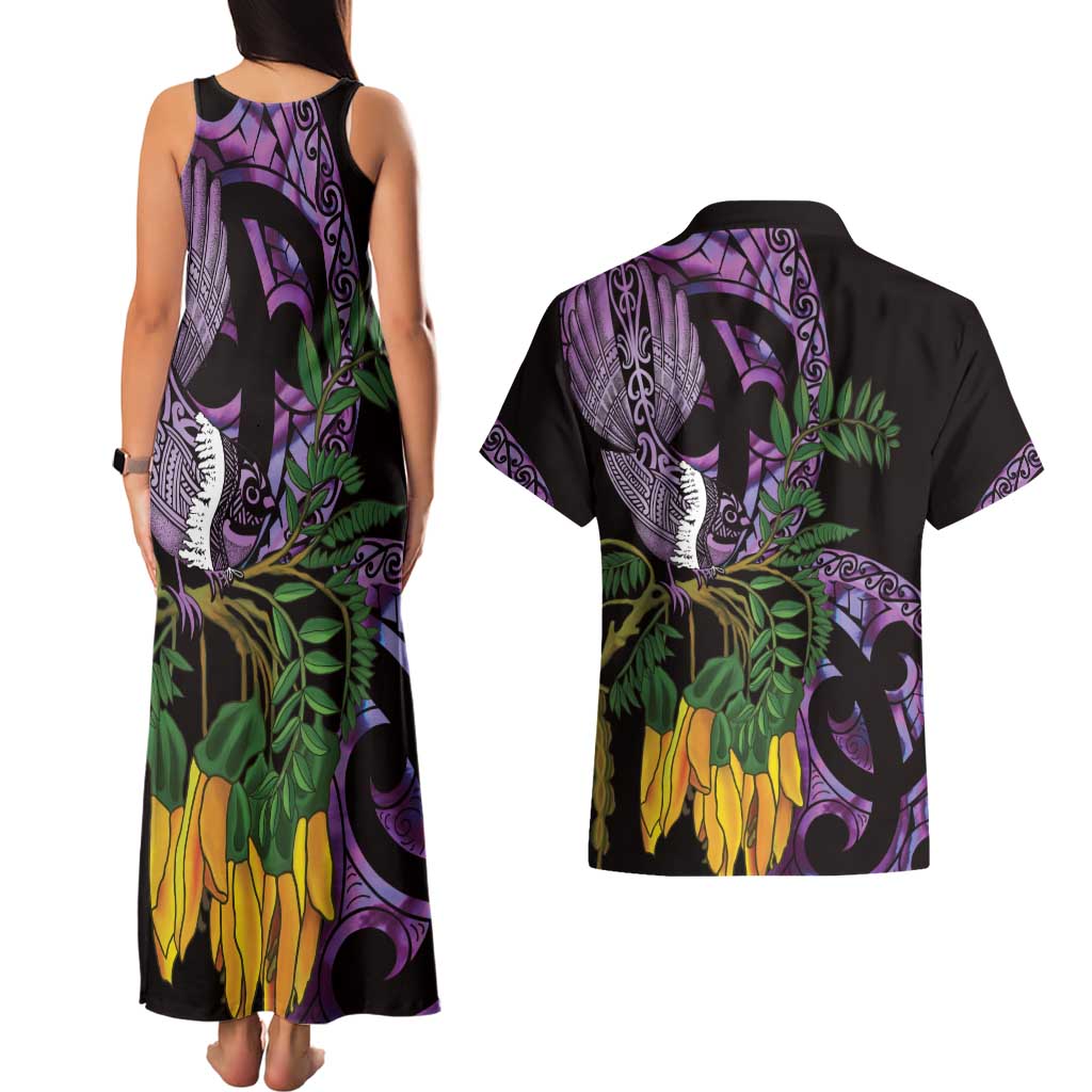 Purple New Zealand Kowhai And Piwakawaka Couples Matching Tank Maxi Dress and Hawaiian Shirt Maori Ngaru Paua Shell LT14 - Polynesian Pride