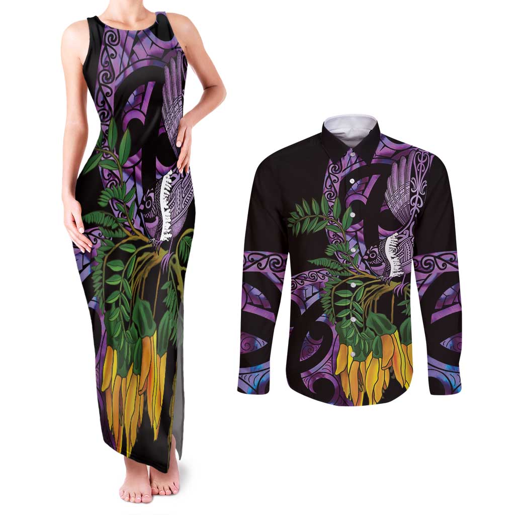 Purple New Zealand Kowhai And Piwakawaka Couples Matching Tank Maxi Dress and Long Sleeve Button Shirt Maori Ngaru Paua Shell LT14 Purple - Polynesian Pride