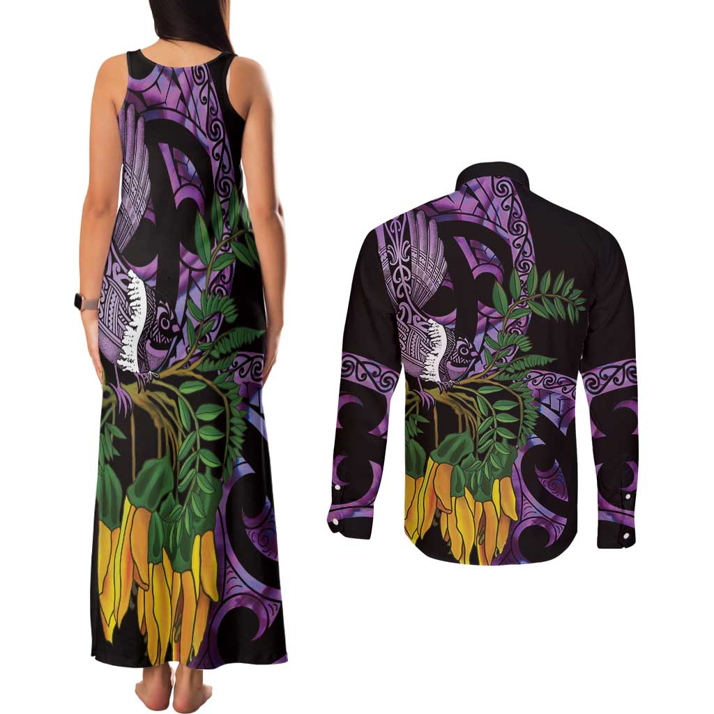 Purple New Zealand Kowhai And Piwakawaka Couples Matching Tank Maxi Dress and Long Sleeve Button Shirt Maori Ngaru Paua Shell LT14 - Polynesian Pride