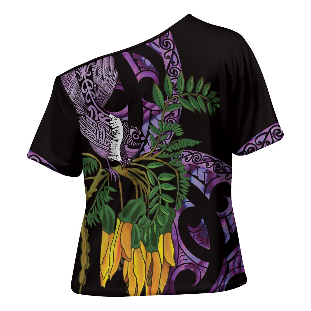 Purple New Zealand Kowhai And Piwakawaka Cross Shoulder Shirt Maori Ngaru Paua Shell LT14 - Polynesian Pride