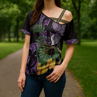 Purple New Zealand Kowhai And Piwakawaka Cross Shoulder Shirt Maori Ngaru Paua Shell LT14 - Polynesian Pride
