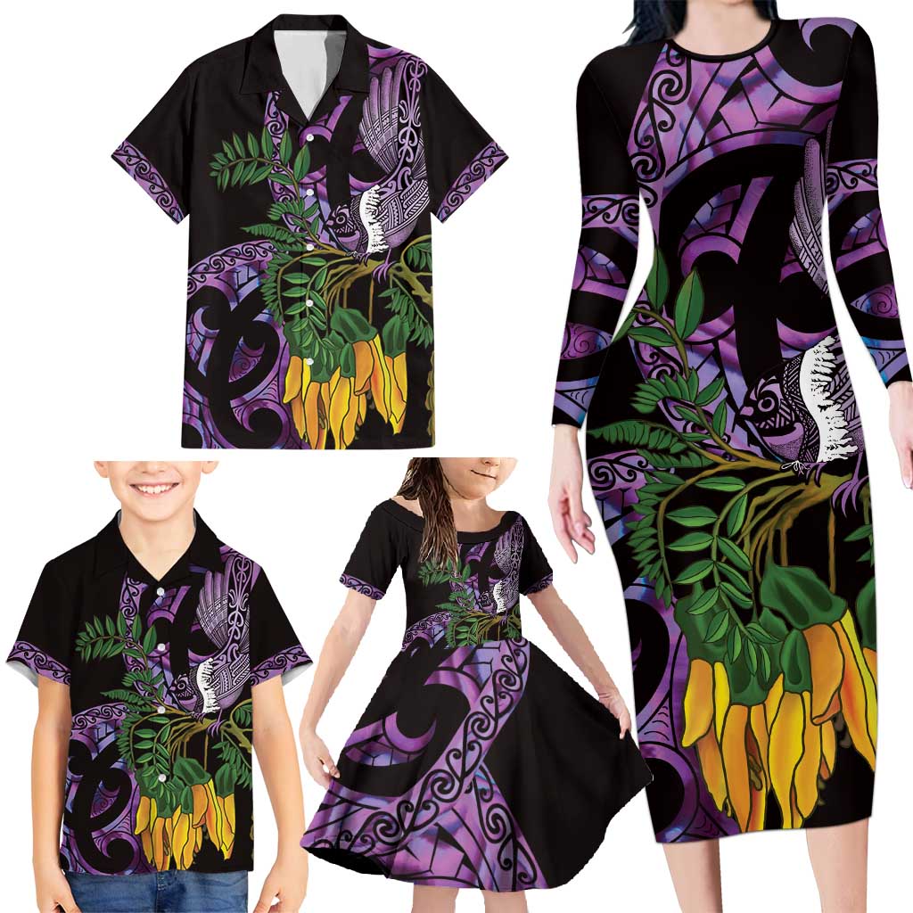 Purple New Zealand Kowhai And Piwakawaka Family Matching Long Sleeve Bodycon Dress and Hawaiian Shirt Maori Ngaru Paua Shell LT14 - Polynesian Pride