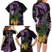 Purple New Zealand Kowhai And Piwakawaka Family Matching Long Sleeve Bodycon Dress and Hawaiian Shirt Maori Ngaru Paua Shell LT14 - Polynesian Pride