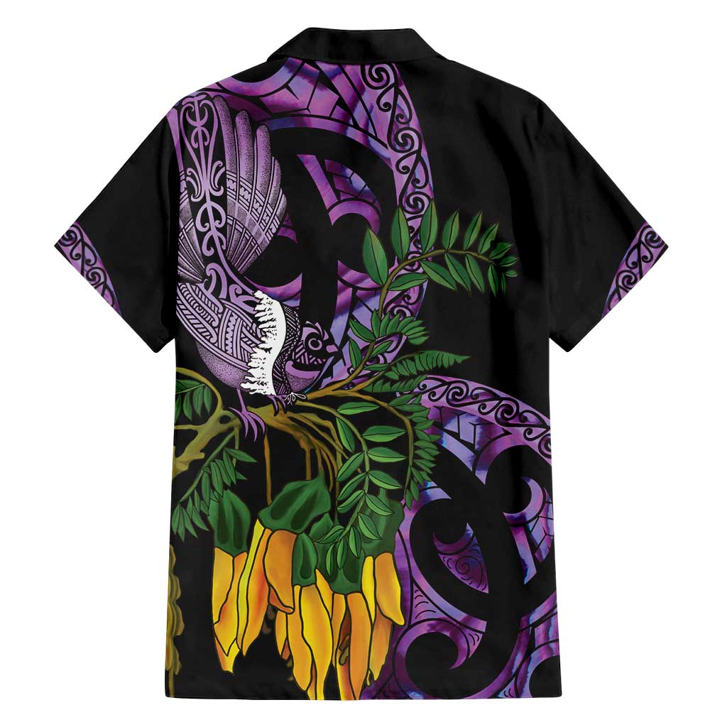 Purple New Zealand Kowhai And Piwakawaka Family Matching Long Sleeve Bodycon Dress and Hawaiian Shirt Maori Ngaru Paua Shell LT14 - Polynesian Pride