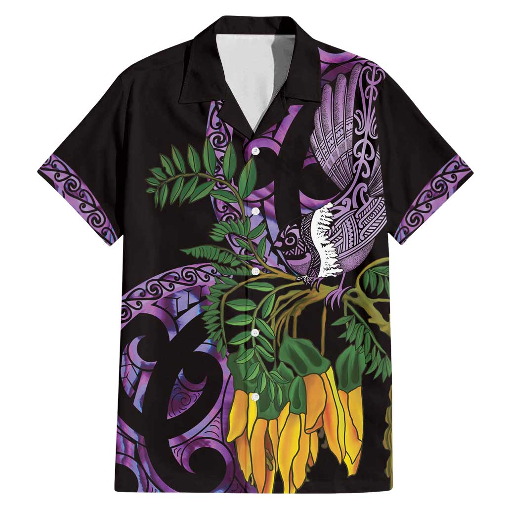 Purple New Zealand Kowhai And Piwakawaka Family Matching Mermaid Dress and Hawaiian Shirt Maori Ngaru Paua Shell LT14 Dad's Shirt - Short Sleeve Purple - Polynesian Pride