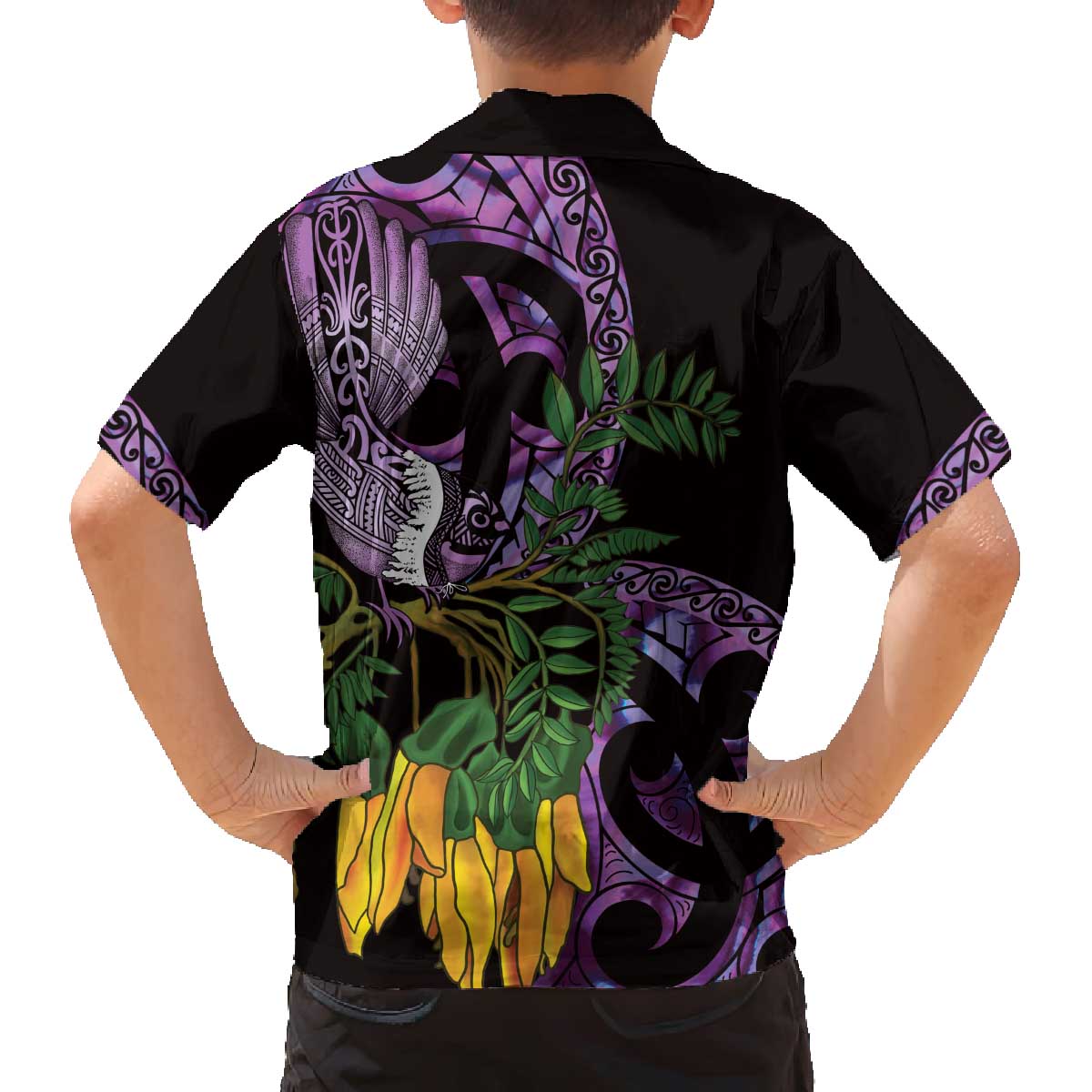 Purple New Zealand Kowhai And Piwakawaka Family Matching Off The Shoulder Long Sleeve Dress and Hawaiian Shirt Maori Ngaru Paua Shell LT14 - Polynesian Pride