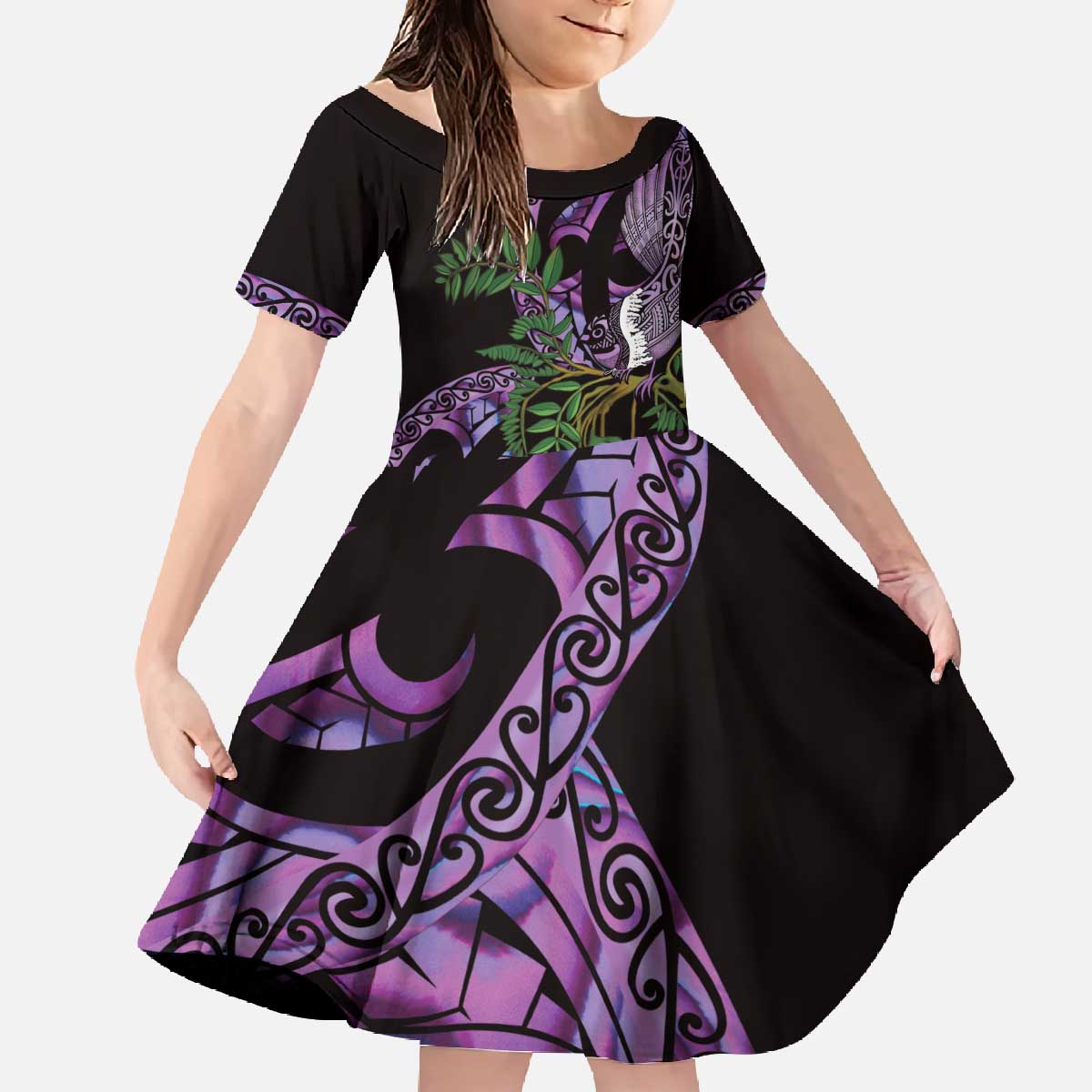 Purple New Zealand Kowhai And Piwakawaka Family Matching Off The Shoulder Long Sleeve Dress and Hawaiian Shirt Maori Ngaru Paua Shell LT14 Daughter's Dress Purple - Polynesian Pride