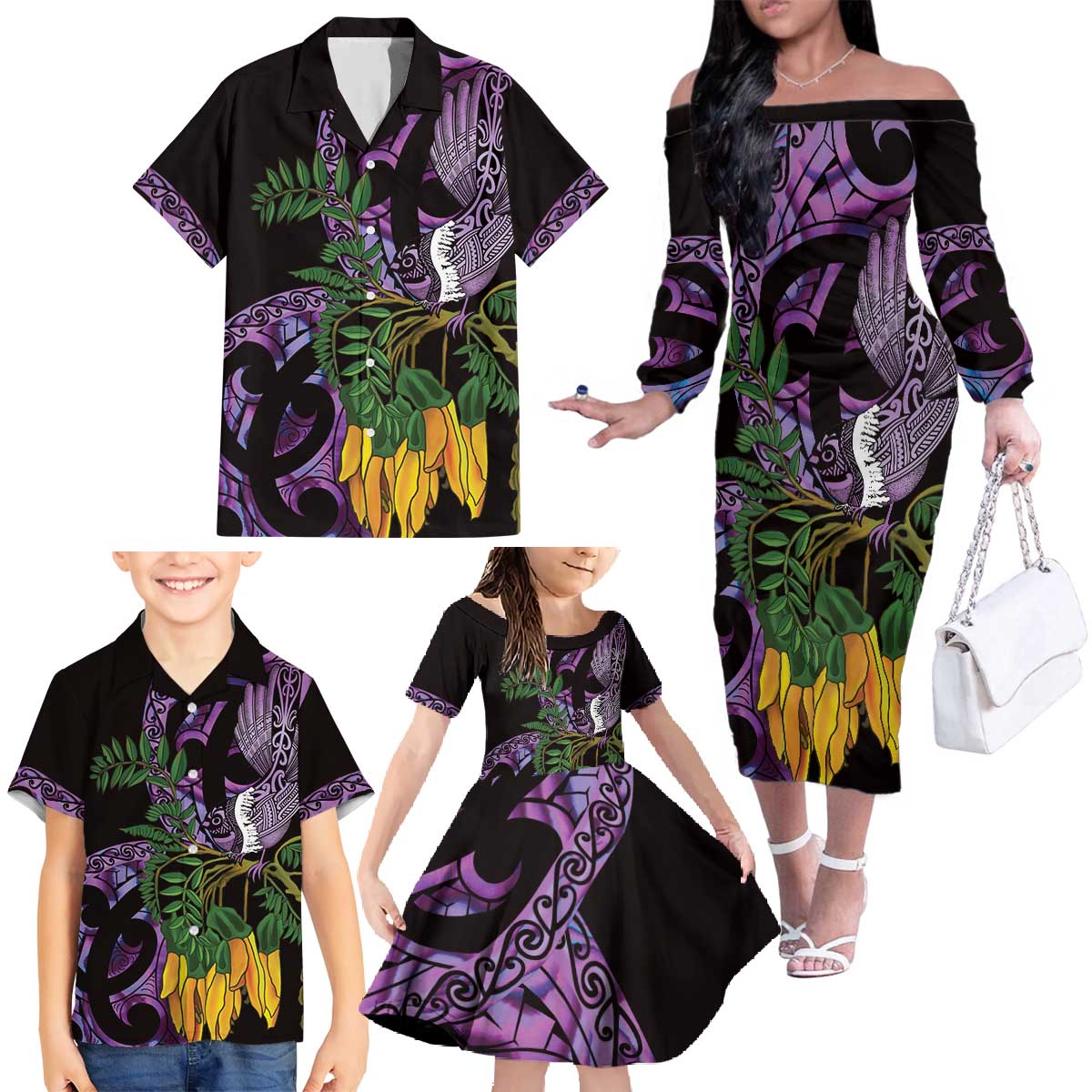 Purple New Zealand Kowhai And Piwakawaka Family Matching Off The Shoulder Long Sleeve Dress and Hawaiian Shirt Maori Ngaru Paua Shell LT14 - Polynesian Pride