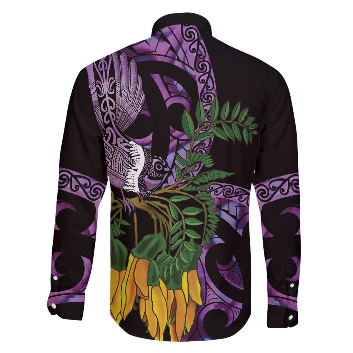 Purple New Zealand Kowhai And Piwakawaka Family Matching Off The Shoulder Long Sleeve Dress and Hawaiian Shirt Maori Ngaru Paua Shell LT14 - Polynesian Pride