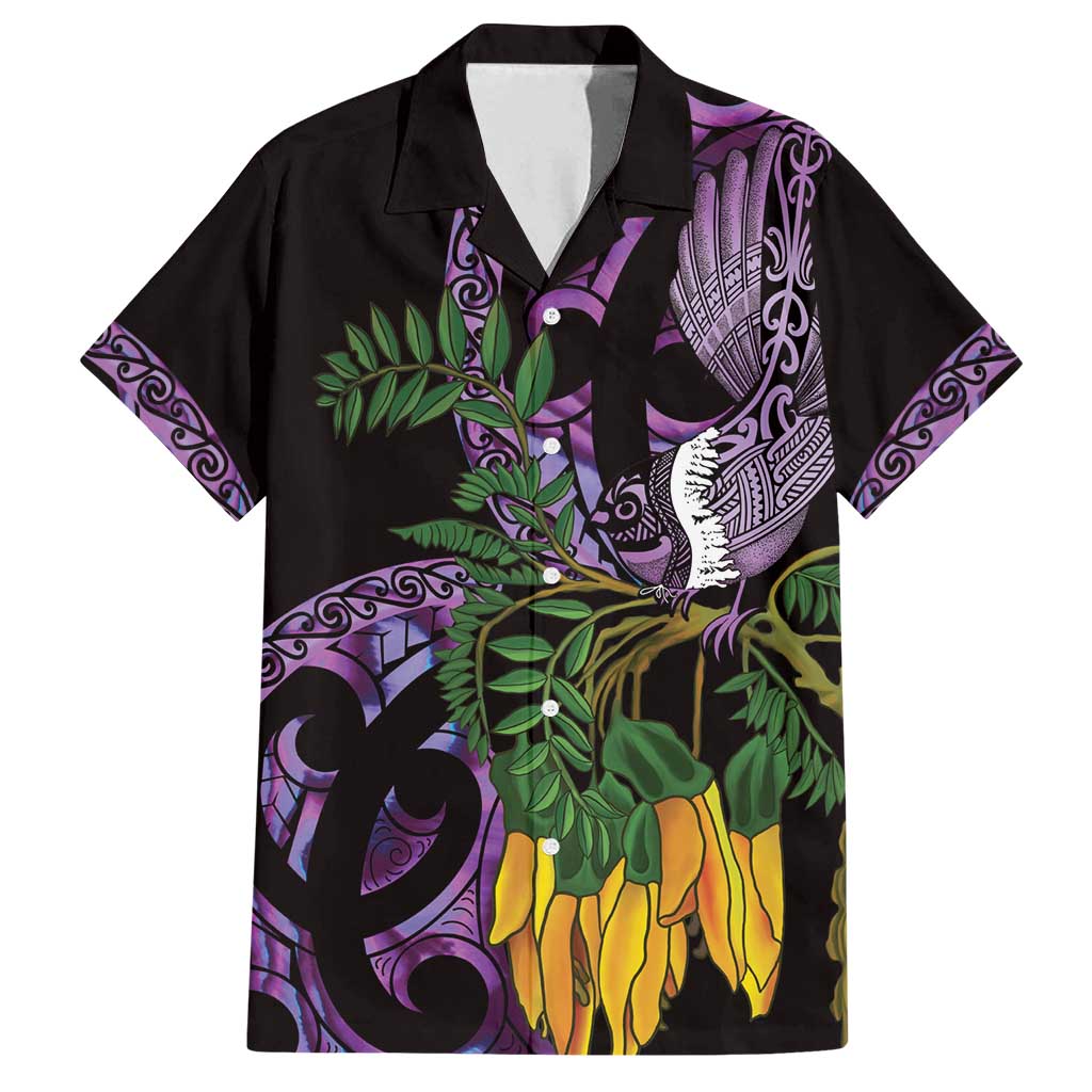 Purple New Zealand Kowhai And Piwakawaka Family Matching Off Shoulder Maxi Dress and Hawaiian Shirt Maori Ngaru Paua Shell LT14 Dad's Shirt - Short Sleeve Purple - Polynesian Pride
