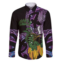 Purple New Zealand Kowhai And Piwakawaka Family Matching Off Shoulder Maxi Dress and Hawaiian Shirt Maori Ngaru Paua Shell LT14 Dad's Shirt - Long Sleeve Purple - Polynesian Pride