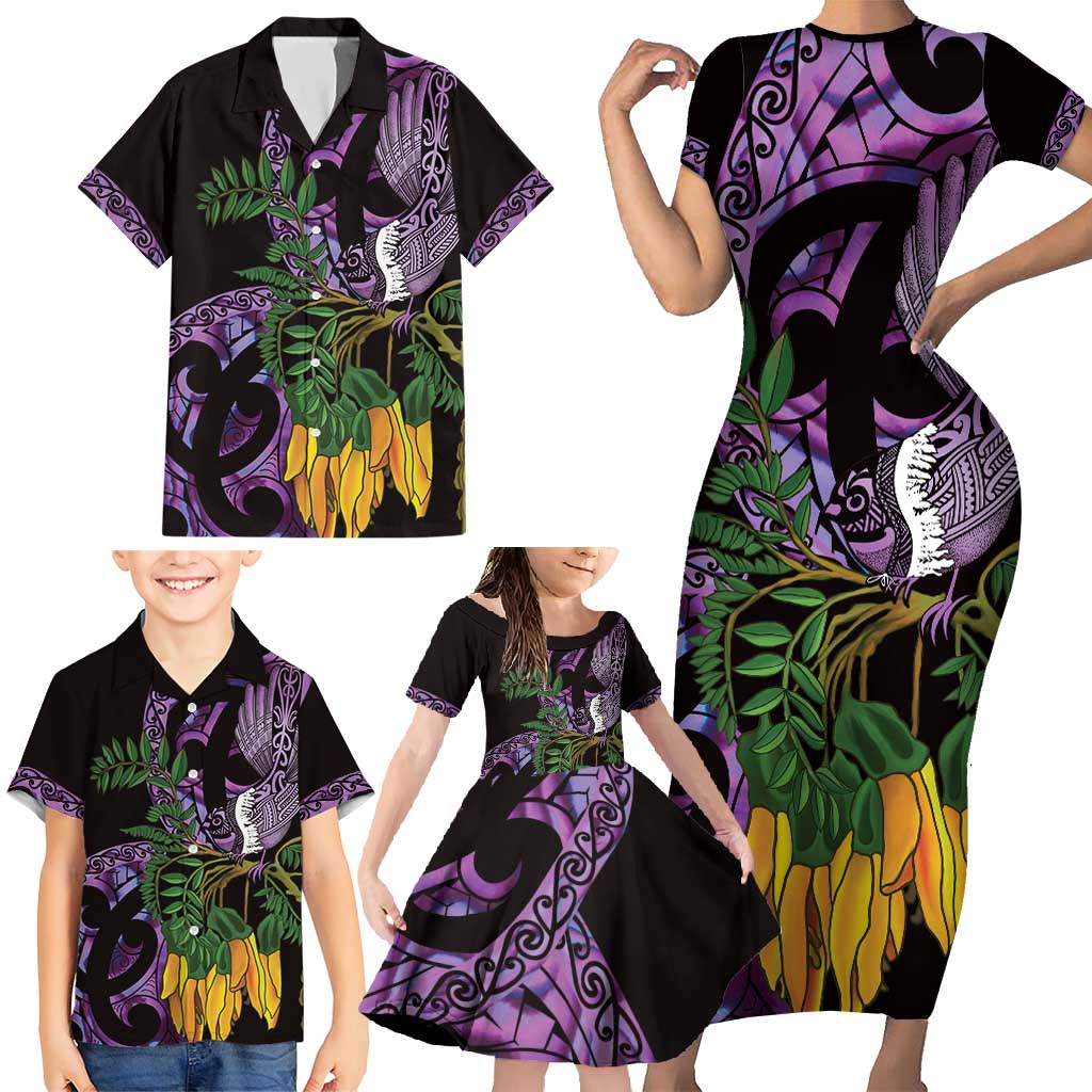 Purple New Zealand Kowhai And Piwakawaka Family Matching Short Sleeve Bodycon Dress and Hawaiian Shirt Maori Ngaru Paua Shell LT14 - Polynesian Pride
